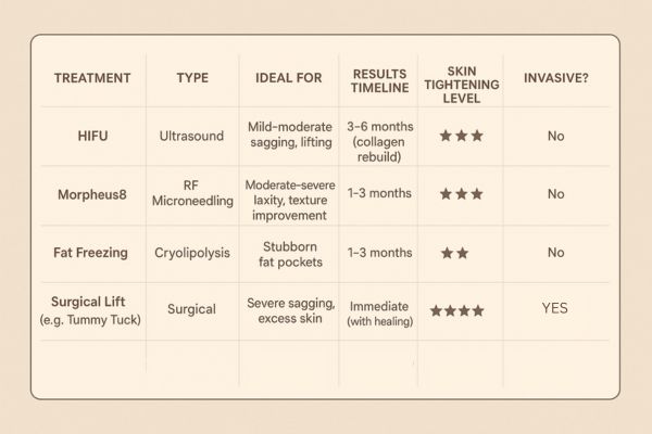 Table showing the comparisons of Skin tightening High Wycombe treatment options. 